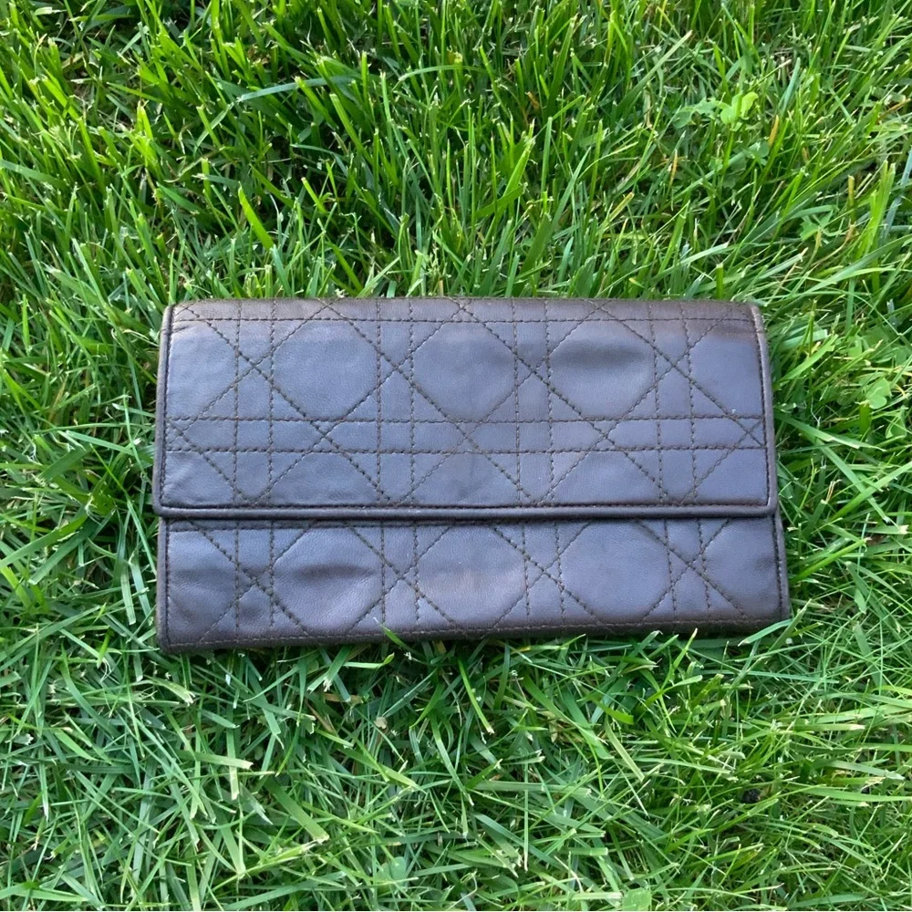 Christian Dior Vintage Cannage Long Wallet Black Leather Unisex.